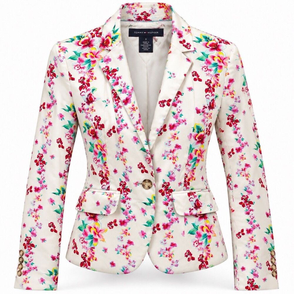 Tommy Hilfiger Floral Blazer Womens Size 2 White Pink Tropical Tailored Jacket